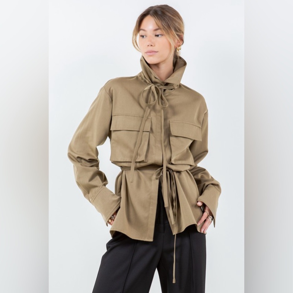 Khaki Button-Up Women's Top - Picture 2 of 6